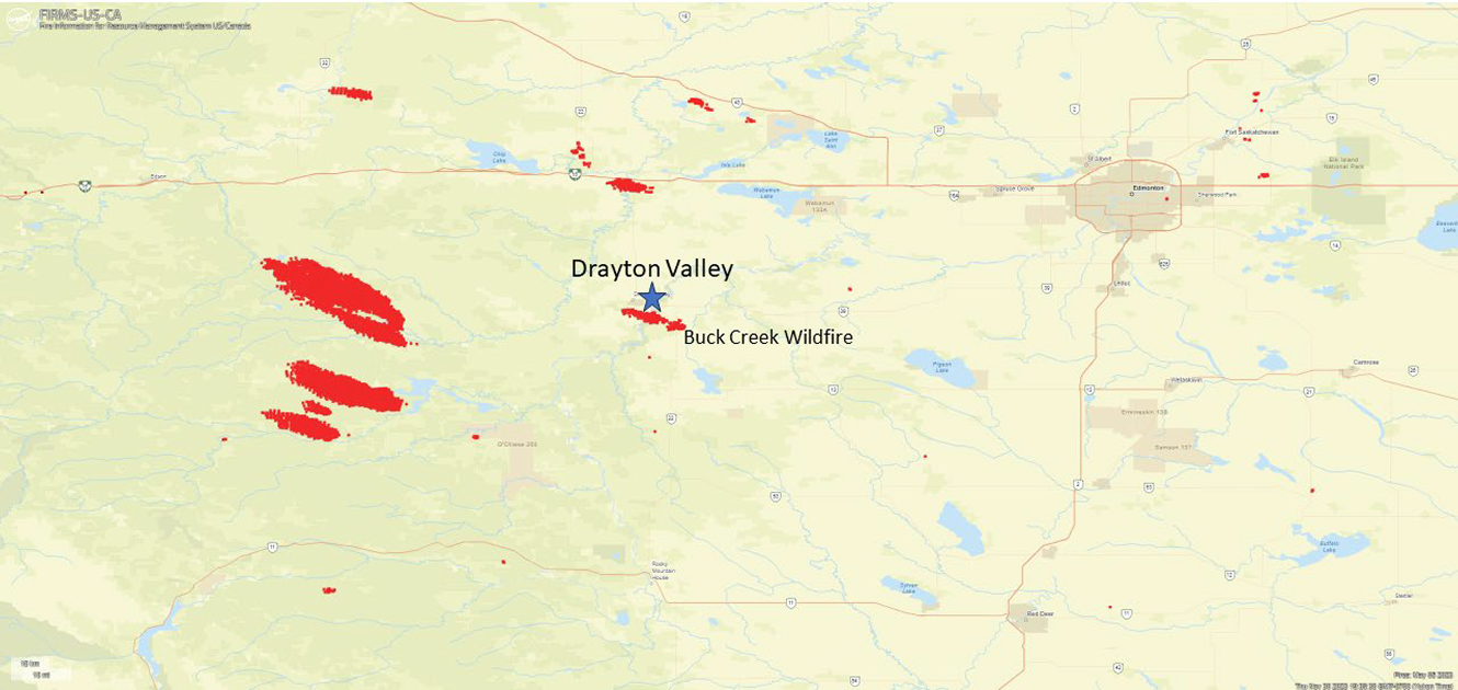 Map showing Buck Creek wildfire near Drayton Valley.