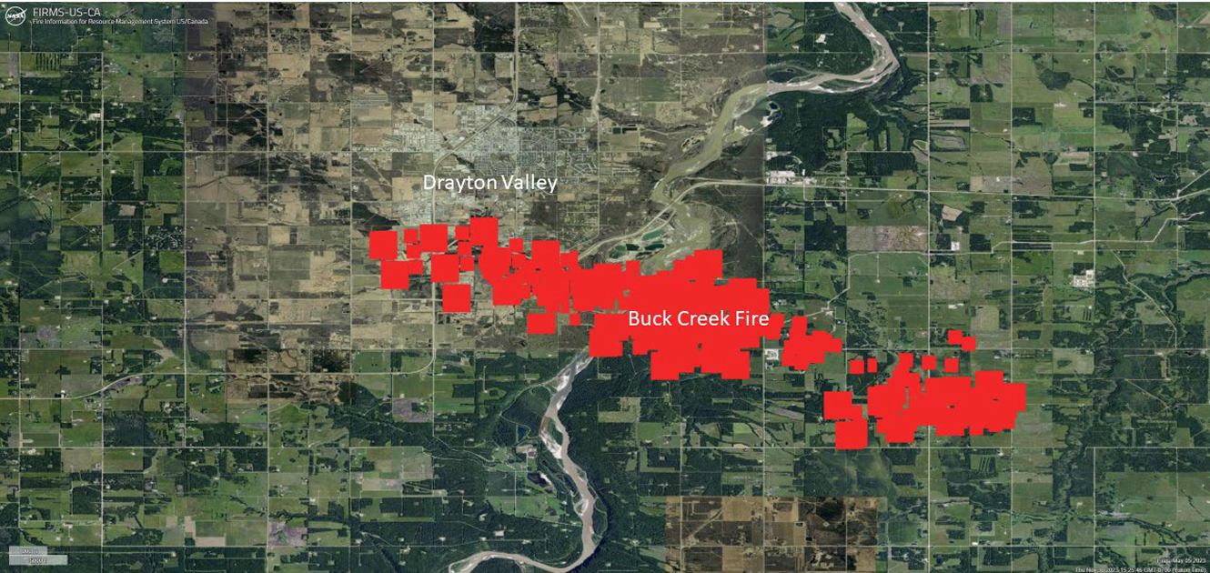Satellite map showing Buck Creek Fire near Drayton Valley