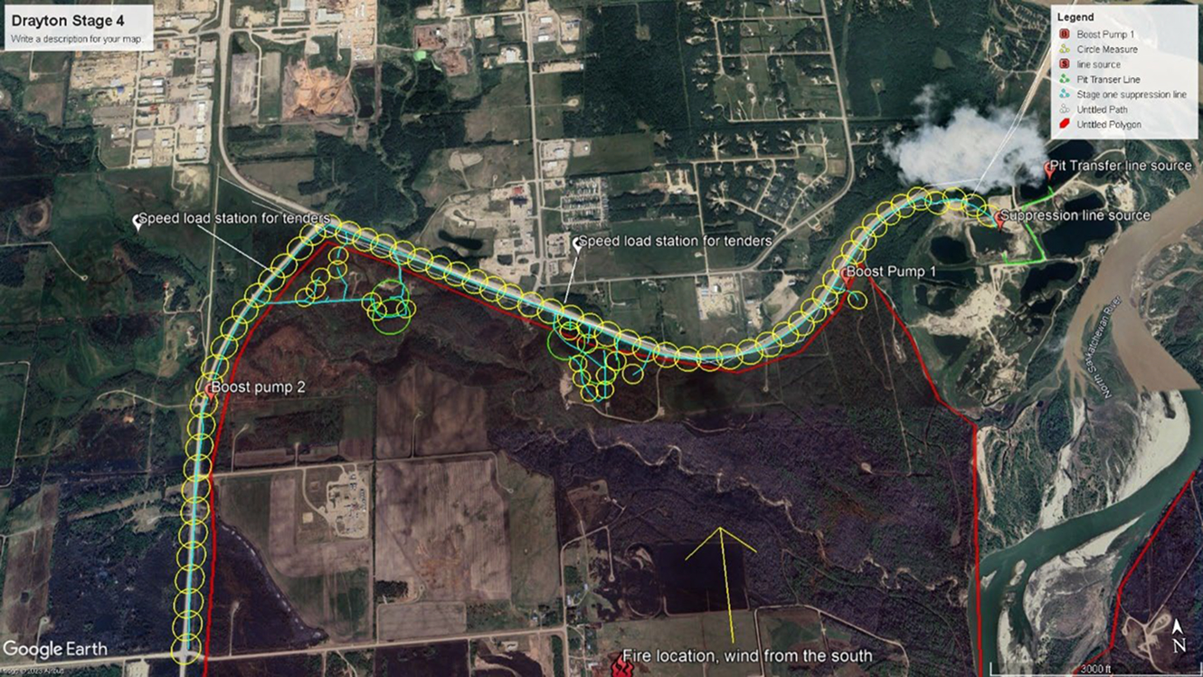 Satellite map showing wildfire suppression plan and pumps