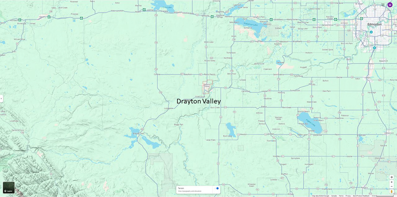 Map of Drayton Valley near Edmonton, Alberta