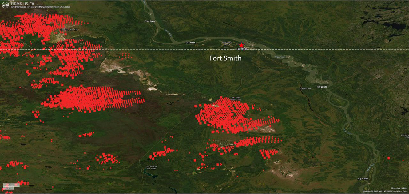 Satellite map showing wildfire hotspots near Fort Smith