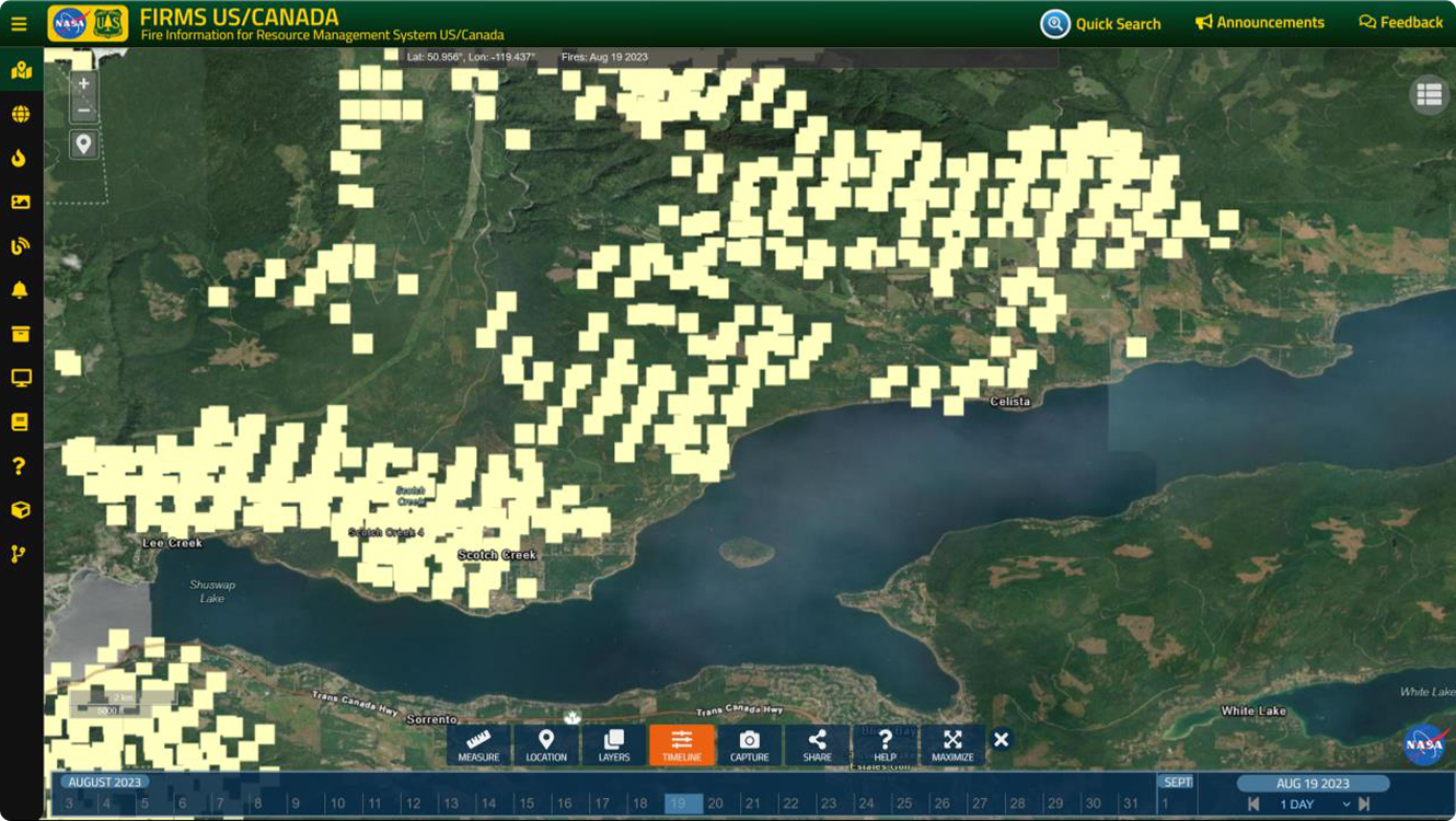NASA FIRMS wildfire detection map over Shuswap Lake area