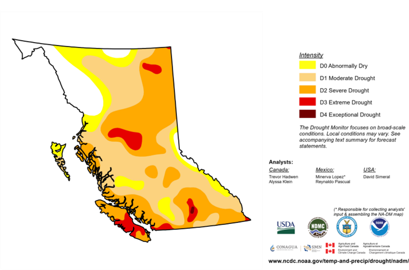 British Columbia drought intensity map with color scale