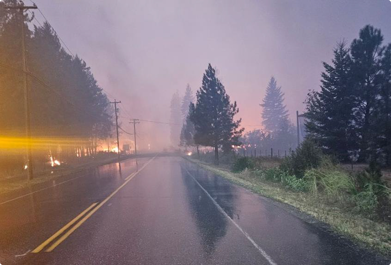Wildfire burning beside wet rural forest road