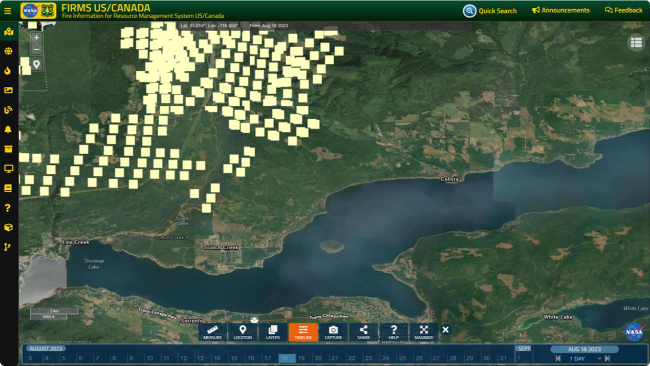 NASA wildfire detection map over Shuswap Lake area